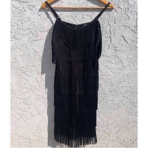 Mini Dress SZ SM All-Over Fringe Black - Flapper 1920s Gatsby Burlesque Art Deco